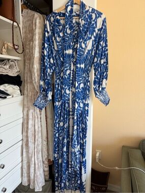 Blue and White Floral Maxi Dress with Sash